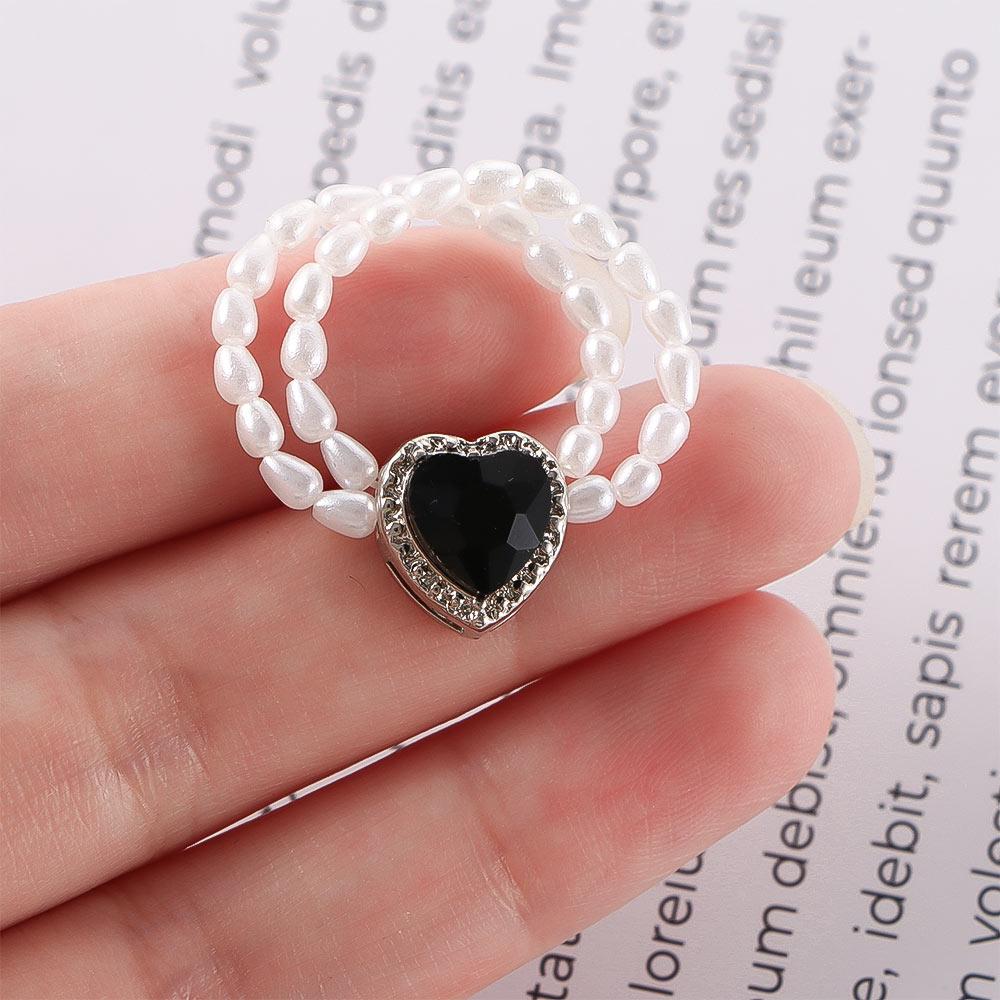 

Silver Color Elastic Pearl Diamond Heart-shaped Metal Finger Ring Bead Ring Rings Party Jewelry