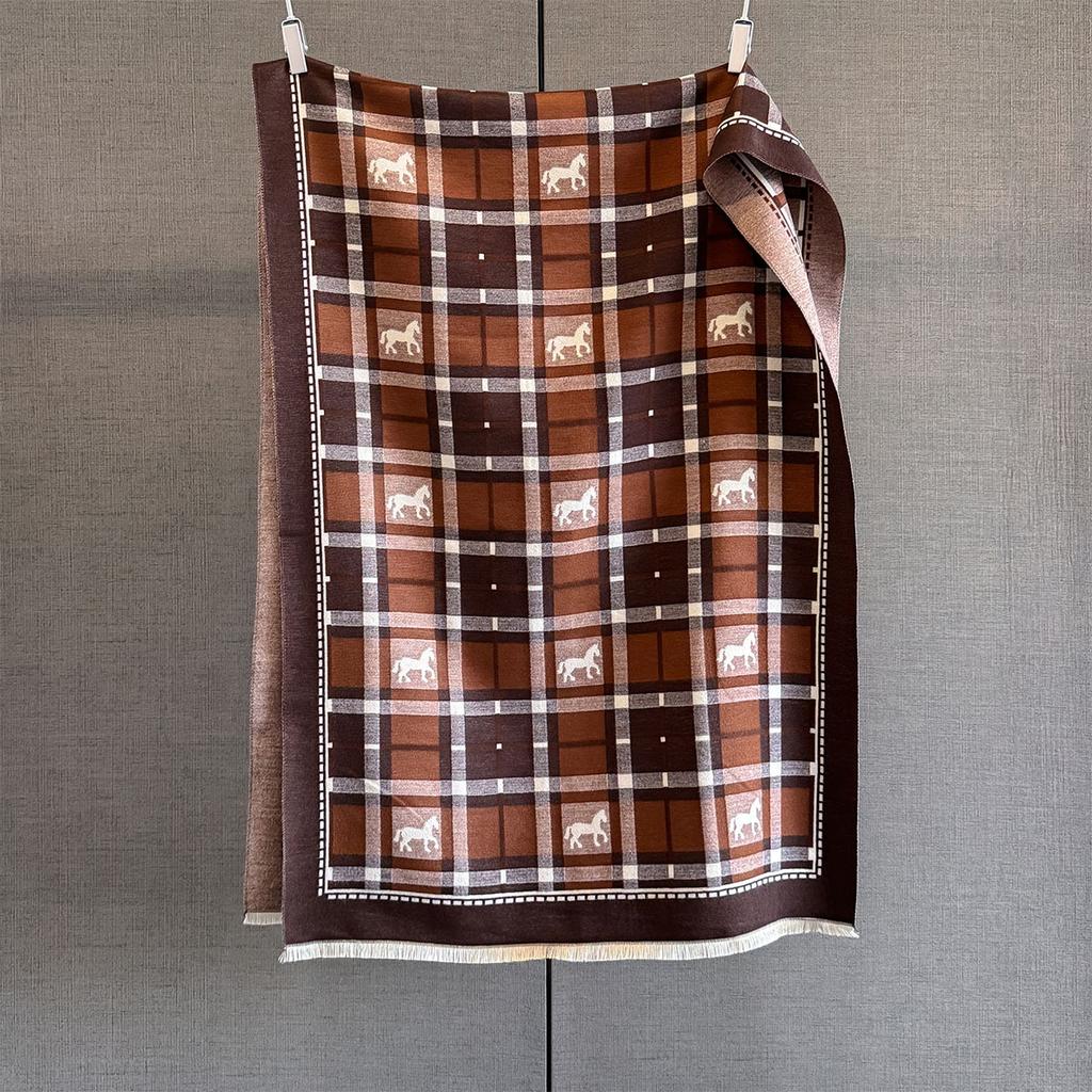 Autumn and winter pony light luxury fashion plaid shawl women's versatile warm windproof thickened medium and long jacquard scarf