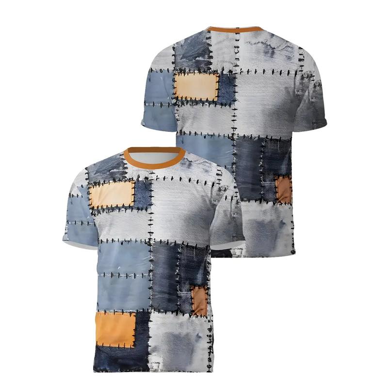 

Retro T-shirt Men s Plaid Patchwork Print Graphic Harajuku Street Trend T Shirts 2025 Summer New Casual Sports Men Funny Tee 6XL