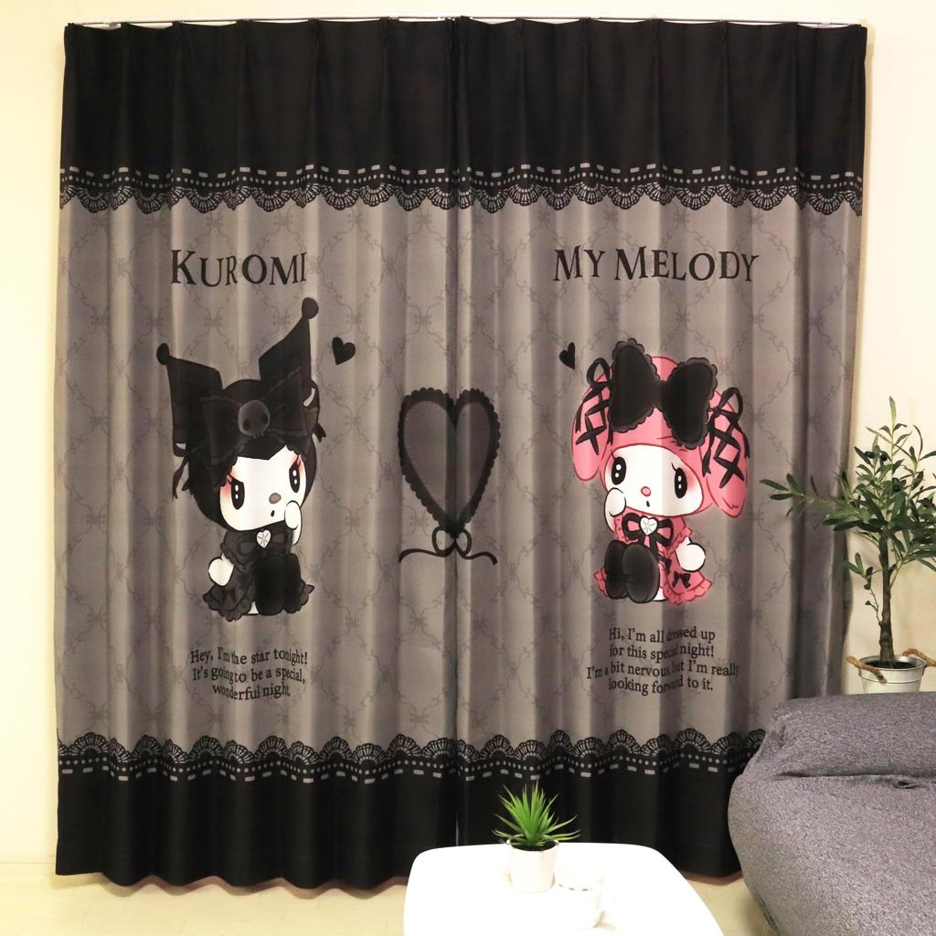 MORIPiLO Sanrio Blackout My Melody and Kuromi Connecting Art Set of Cute Sanrio Midnight Black Makura no Morishita Curtains, (Picture Pattern,