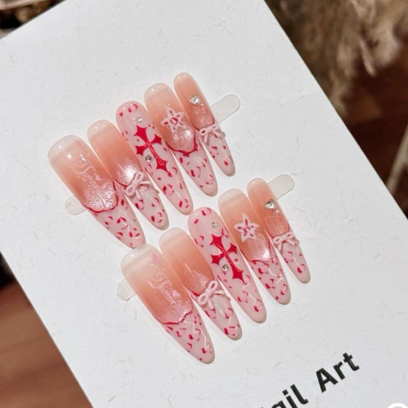 10Pcs Handmade Pink Gradient Fake Nails with , Star & 3D Bow Accents XS