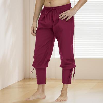 Men Pants Medieval Vikings Pirate Ankle-banded Lace-up Strap Elastic Waist Pleated Loose Solid Color Cropped Trousers Cosplay