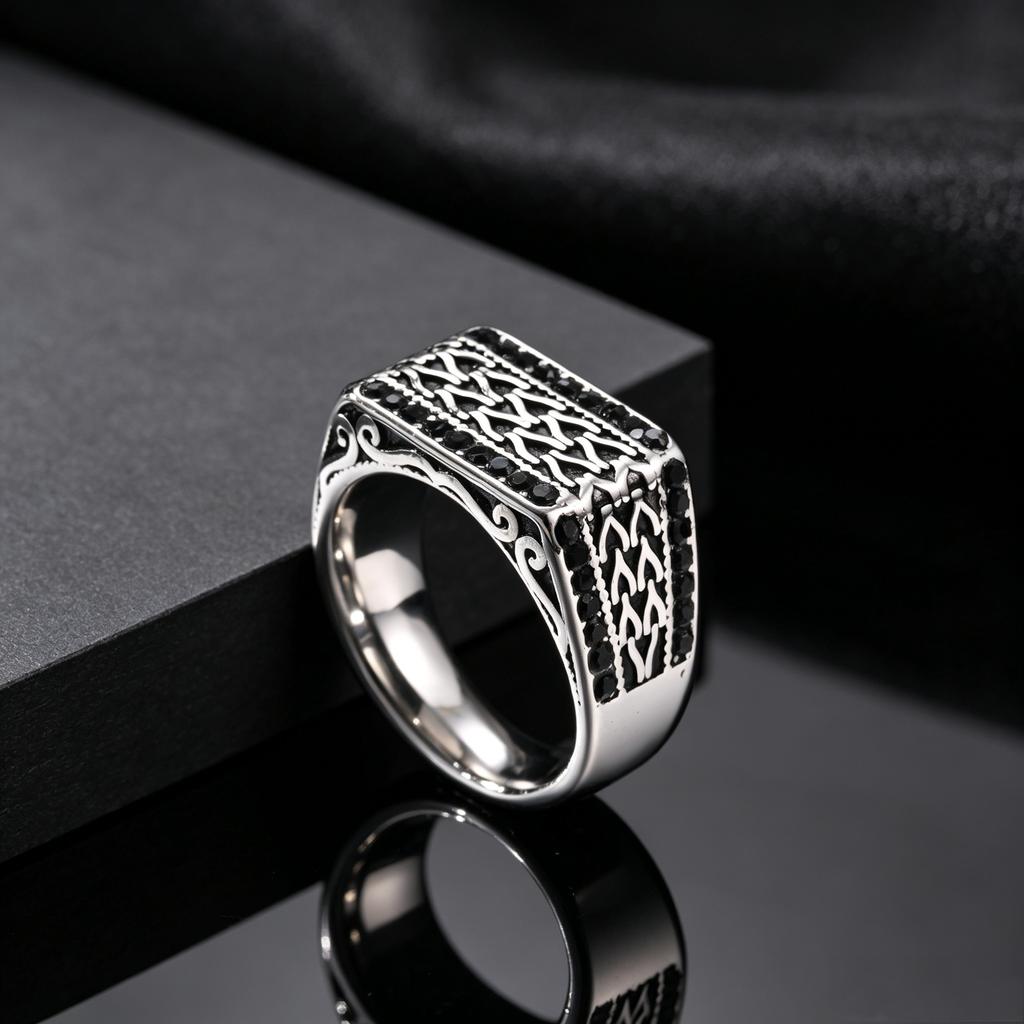 Unique Geometric Patterned Stainless Steel Ring Inlaid Black Zircon Chunky Rings for Men Charm Fashion Finger Jewelry Size 7-12