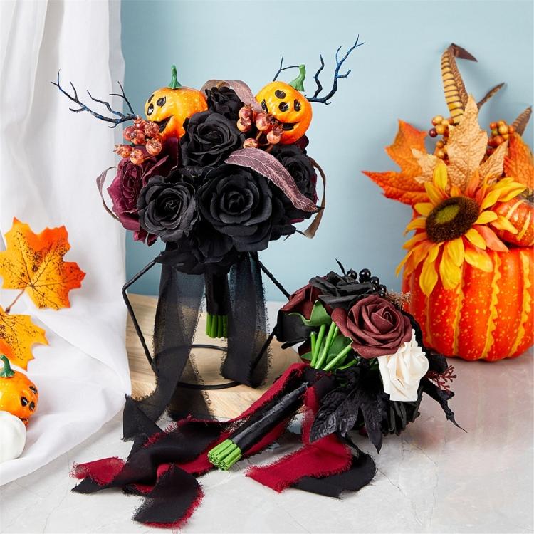 Halloween Wedding Bouquets with Pumpkin for Bride and Bridesmaids, Bridal Bouquets Wedding Bouquets with Ribbon