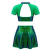 Kids Girls Sparkly Dance Outfit Stand Collar Crop Top Mesh Patchwork Open Back with Skirt