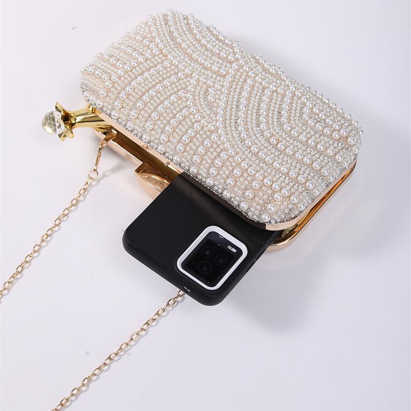 Ladies Pearl Elegant Evening Bag Able Stylish Beading Wedding Dinner Party Banquet Dress Clutch Bag with Long Chain Purse