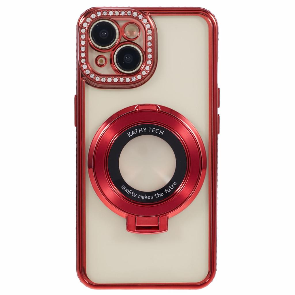 For iPhone 15 Case with Ring Kickstand TPU Anti-Dust Rhinestones Decor Protective Cover