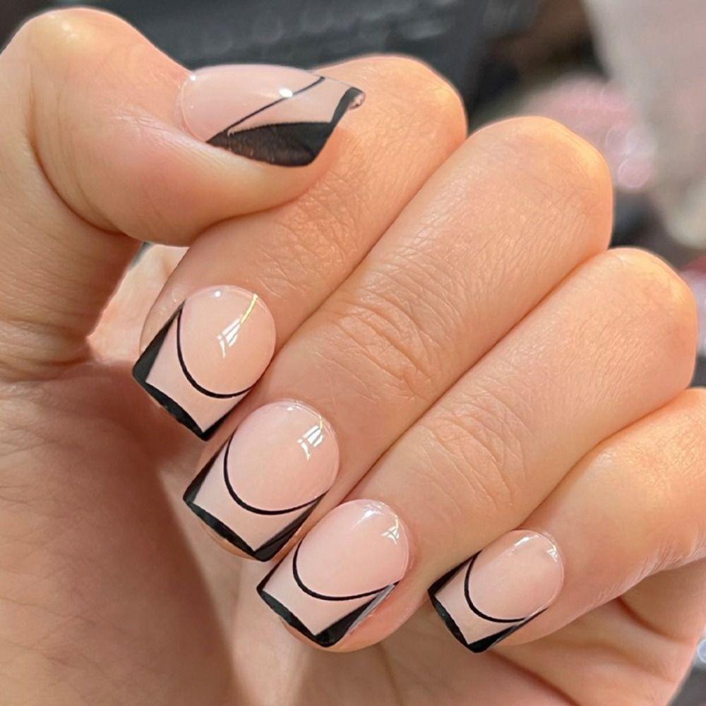 

24pcs Detachable Press on Nails Black Edge DIY Short Square French Flower Crystal False Nails