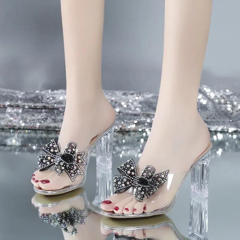 Fashion High Heeled Slippers for Women 2025 New Fashion Korean Version Rhinestone Bow Transparent Crystal Heel Sandals for Women