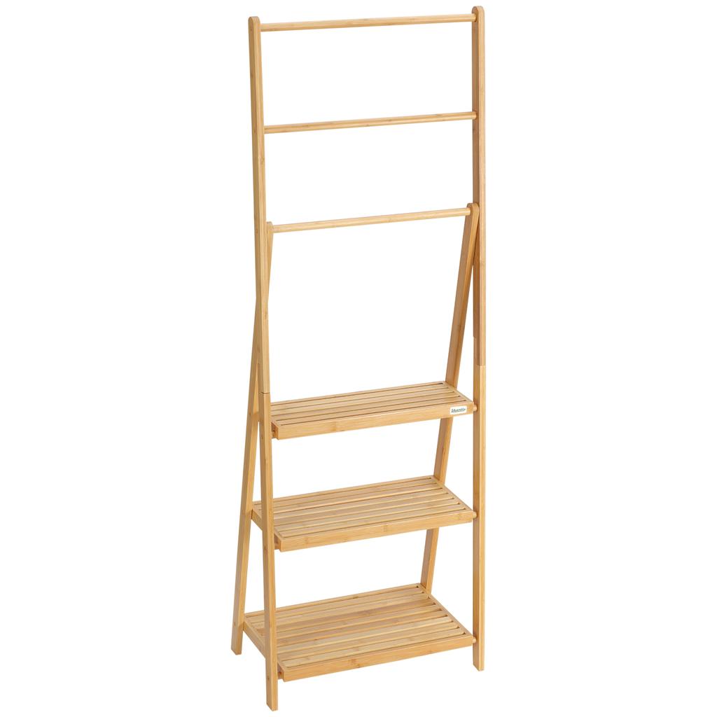 Freestanding Natural Bamboo Towel Rack with 3 Towel Rails and 3 Storage Shelves, Space-Saving Foldable Towel Holder for Bathroom