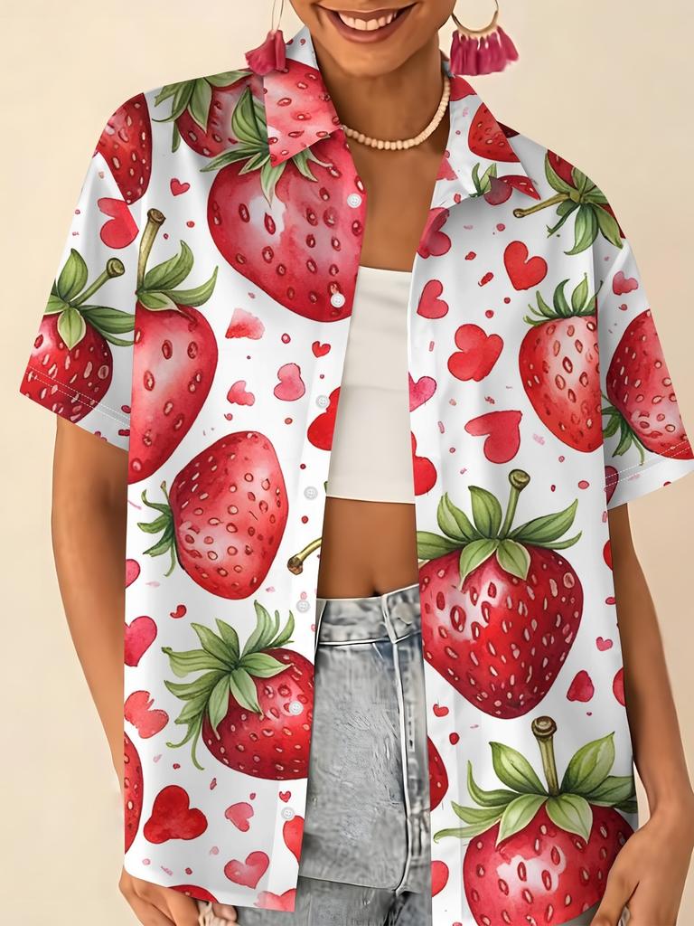 Love printed short-sleeved shirt women's summer loose casual lapel shirt retro niche top