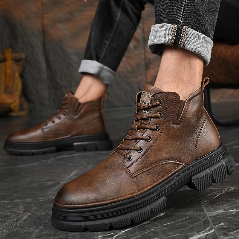 Fashion New Men Brand Mens Sneakers Male Comfortable Ankle Boots Leather Fashion Walking Shoes Hot Sale Men's Lace-Up Motorcycle Boots