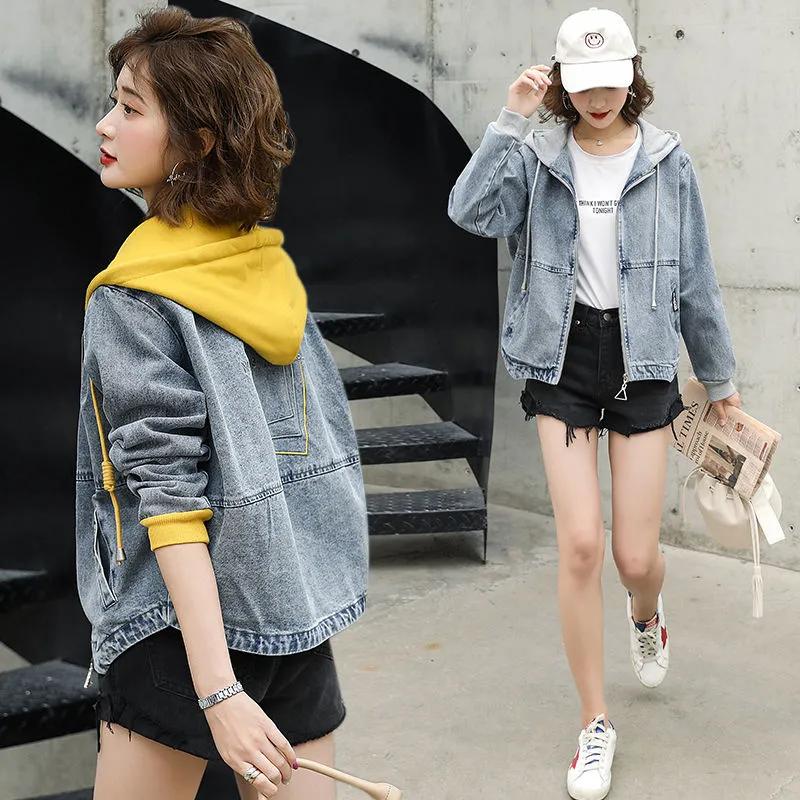 Women's Hooded Zipper Denim Short Jacket Spring and Autumn Fashion Embroidery Loose Casual Jacket Top