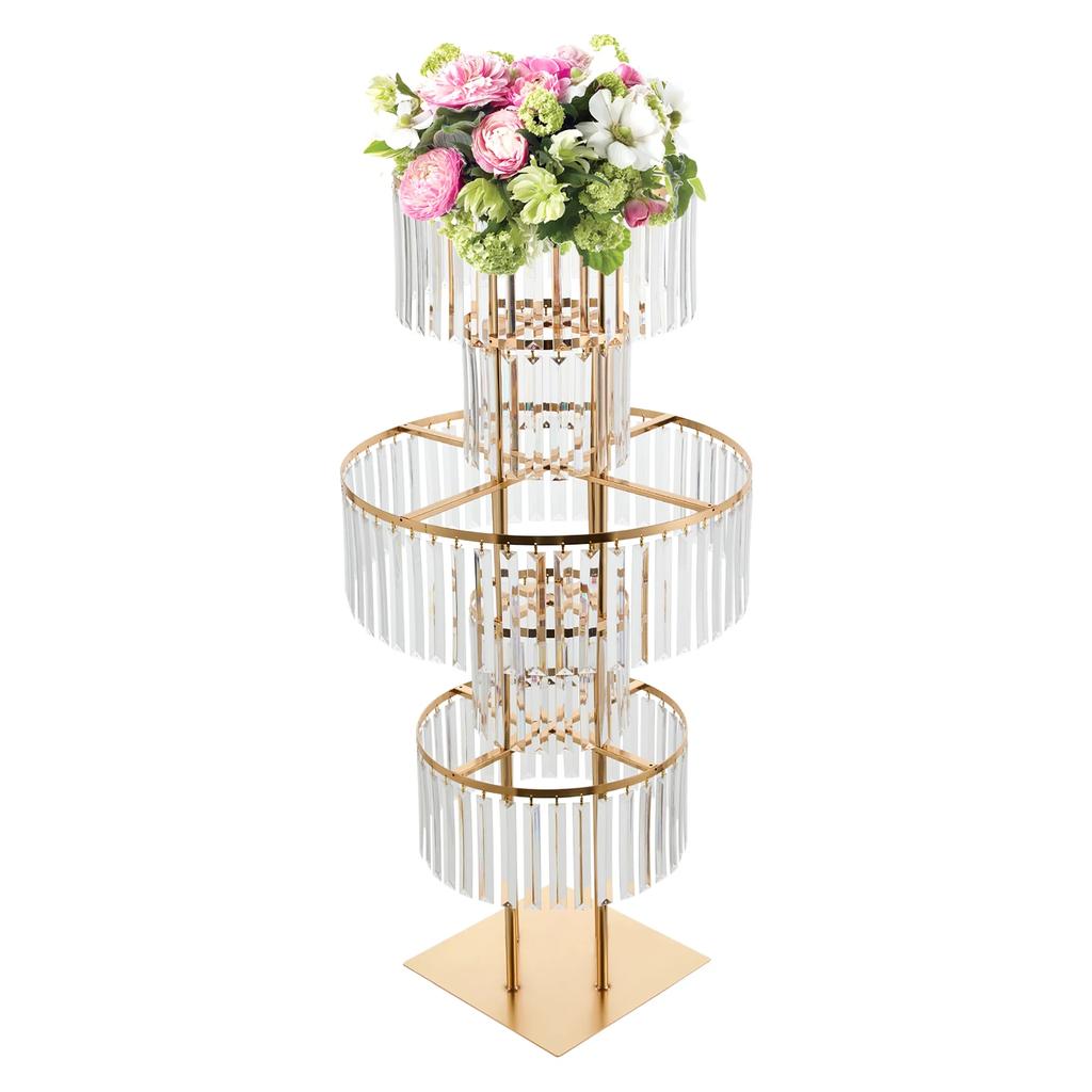 5 Tier Wedding Centerpieces Flower Stand with Hanging Crystals Gold Vases Round Flower Chandelier Pedestal for Birthday Party