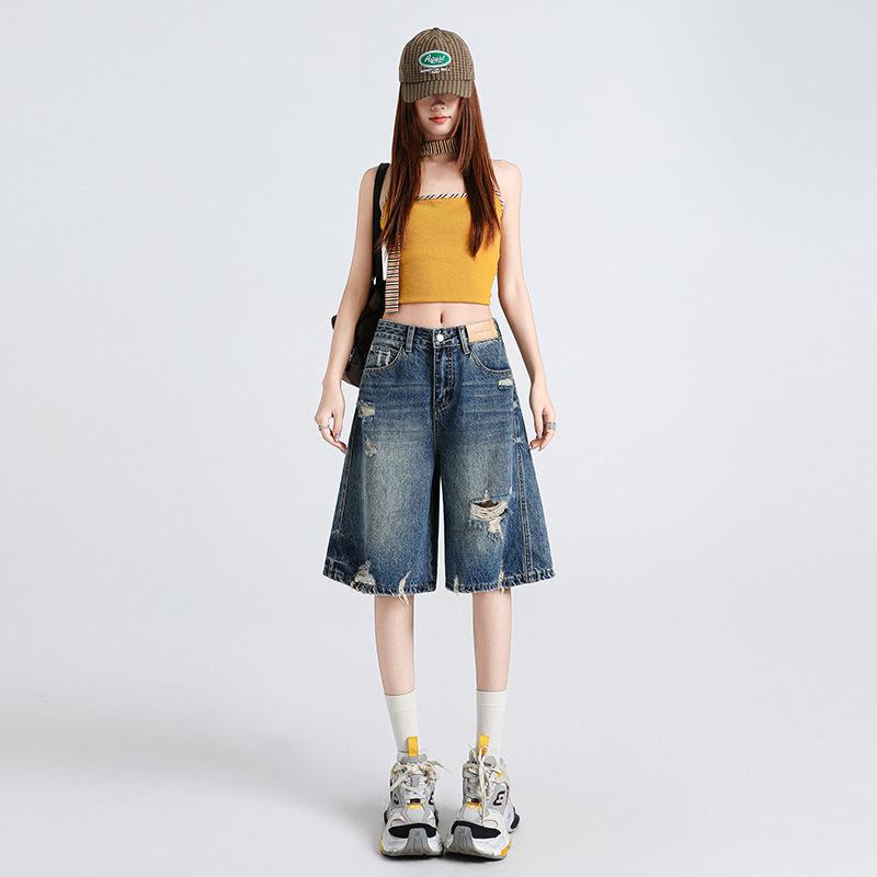 Five-point jeans for women, summer loose casual versatile shorts wide-leg scimitar five-point pants loose drape XS