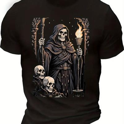 Grim Reaper Skeleton Holding Torch Graphic T-Shirt Gothic Style Casual Crew Neck Cotton Tee Comfortable Breathable  Men Clothing