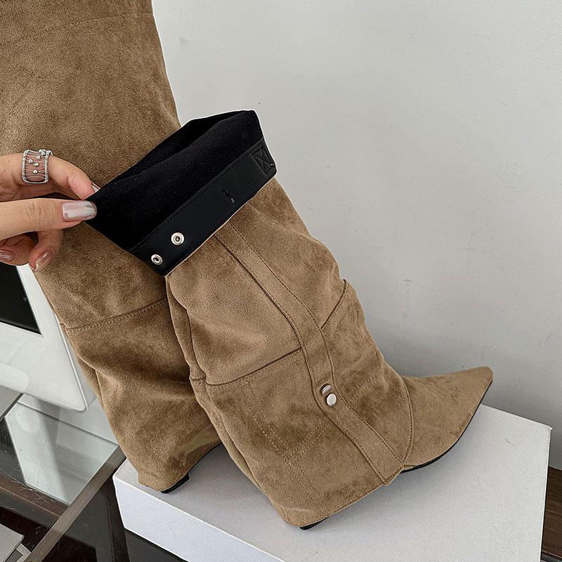 Fashion Pointed Toe Ladies Knee High Modern Boots With Wedges Shoes Fashion Flock Women Long Boots Female Low Heel Shoes Pumps lady