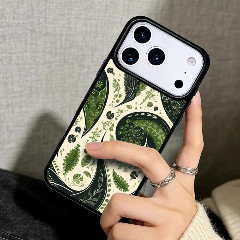 Capa Case for iPhone 17 Air 16 Pro Max 15 Plus 11 13 Mini 14 12 Back Phone Cover Green Paisley