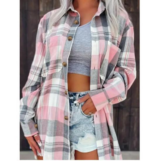 2024 Women's Pink Plaid Loose Long Sleeve Shirt Jacket
