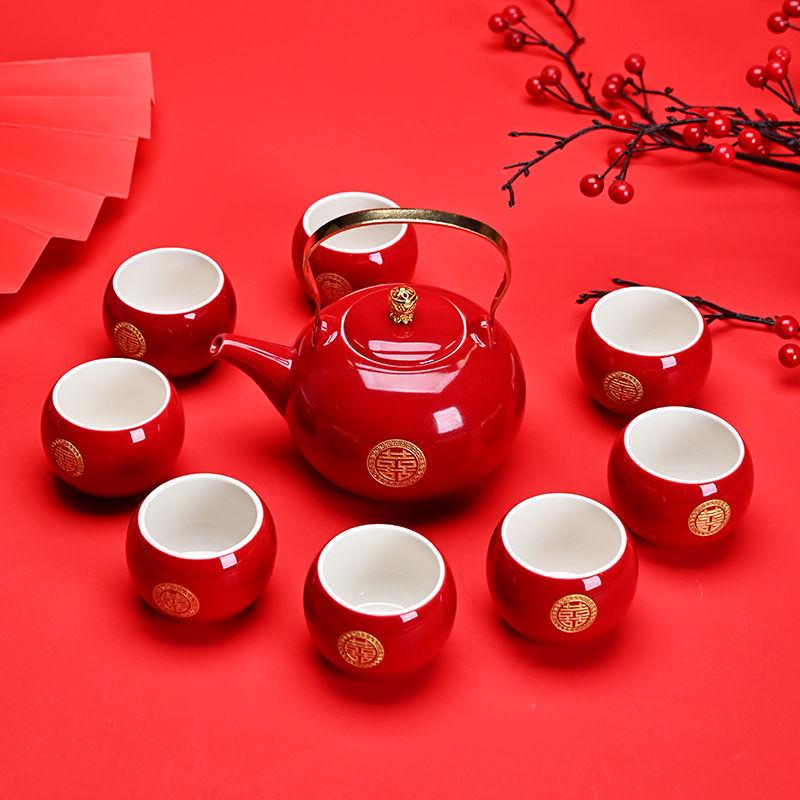 Red Chinese Wedding Tea Set: Complete Gift with Bride's Dowry Tray & Teapot
