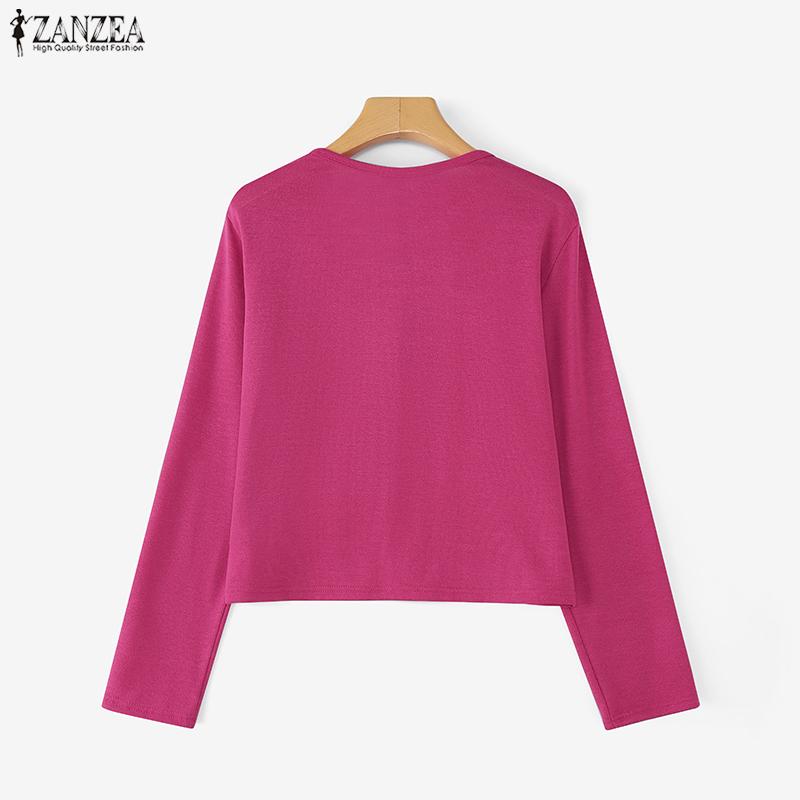 ZANZEA Kvinner uformell rund hals ensfarget langermet bluse