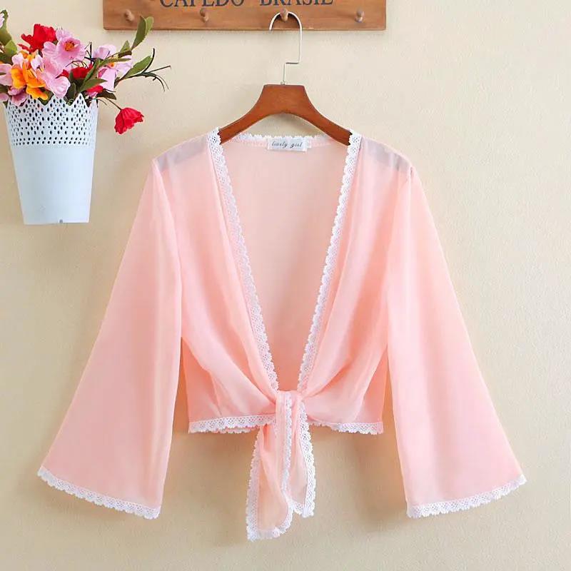Women Summer Shawl Large Size Solid Color Lace Thin Coat Slim Elegant Versatile Chiffon Sunproof Cardigan