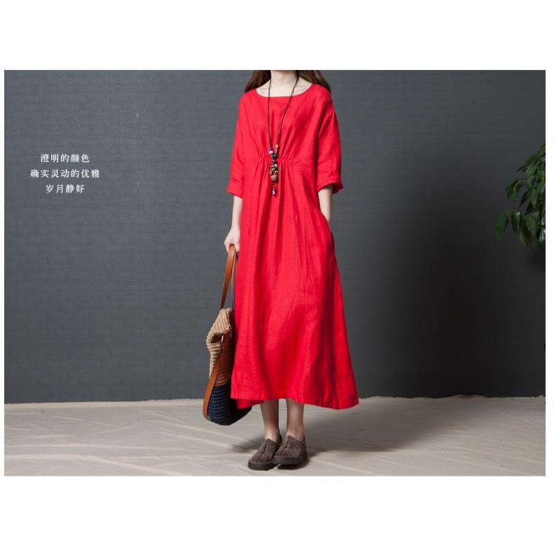 

Свободное льняное платье женское большого размера однотонное M красный