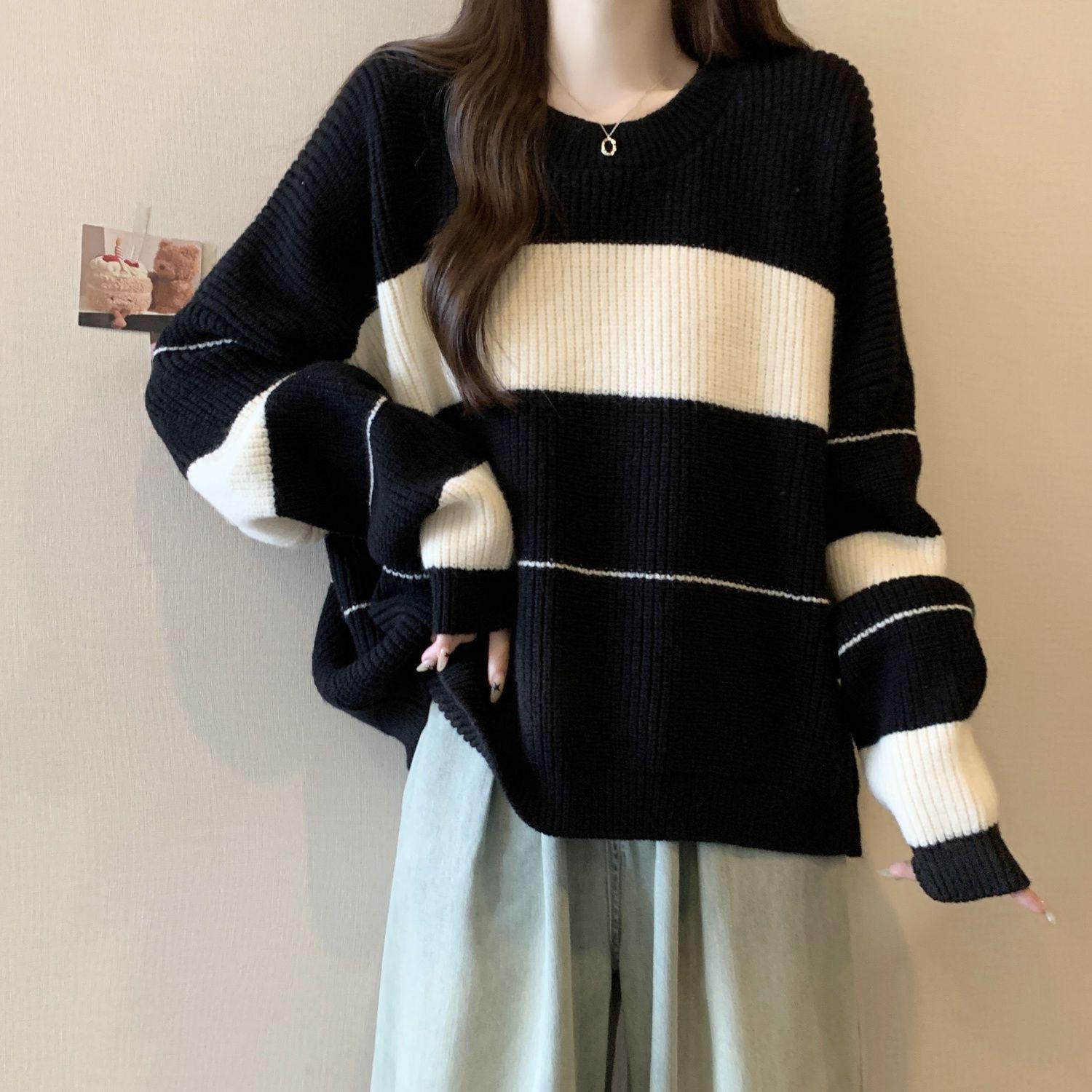 

Plus Size Women s Striped Knit Sweater - Cozy, Color Block, Loose Fit for Autumn & Winter M (Below 100 Jin)
