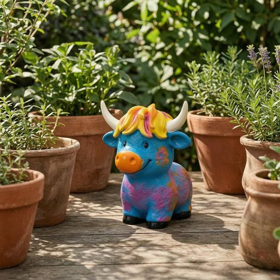 Highland Cow Figurine, Hand Painted Colorful Scottish Resin Statue, Cute Farm Animal Sculpture for Indoor Outdoor Home Garden Shelf Decor
