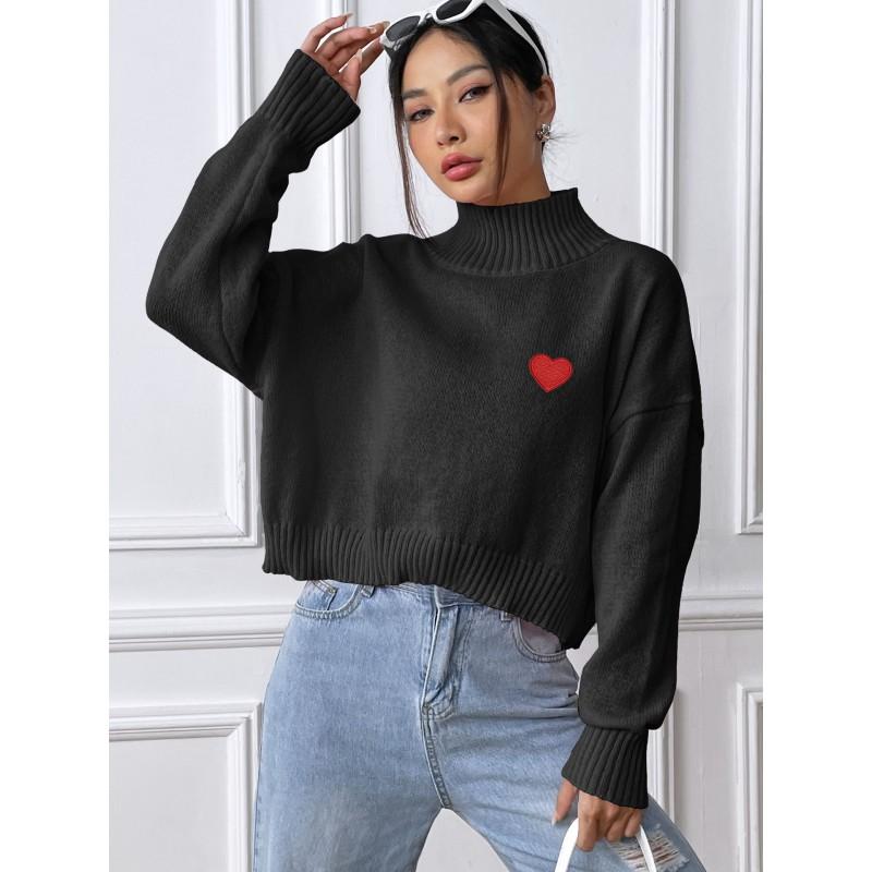 Womens Short Cropped High Neck Sweater Loose Fit Heart Print Casual Pullover Knit Top