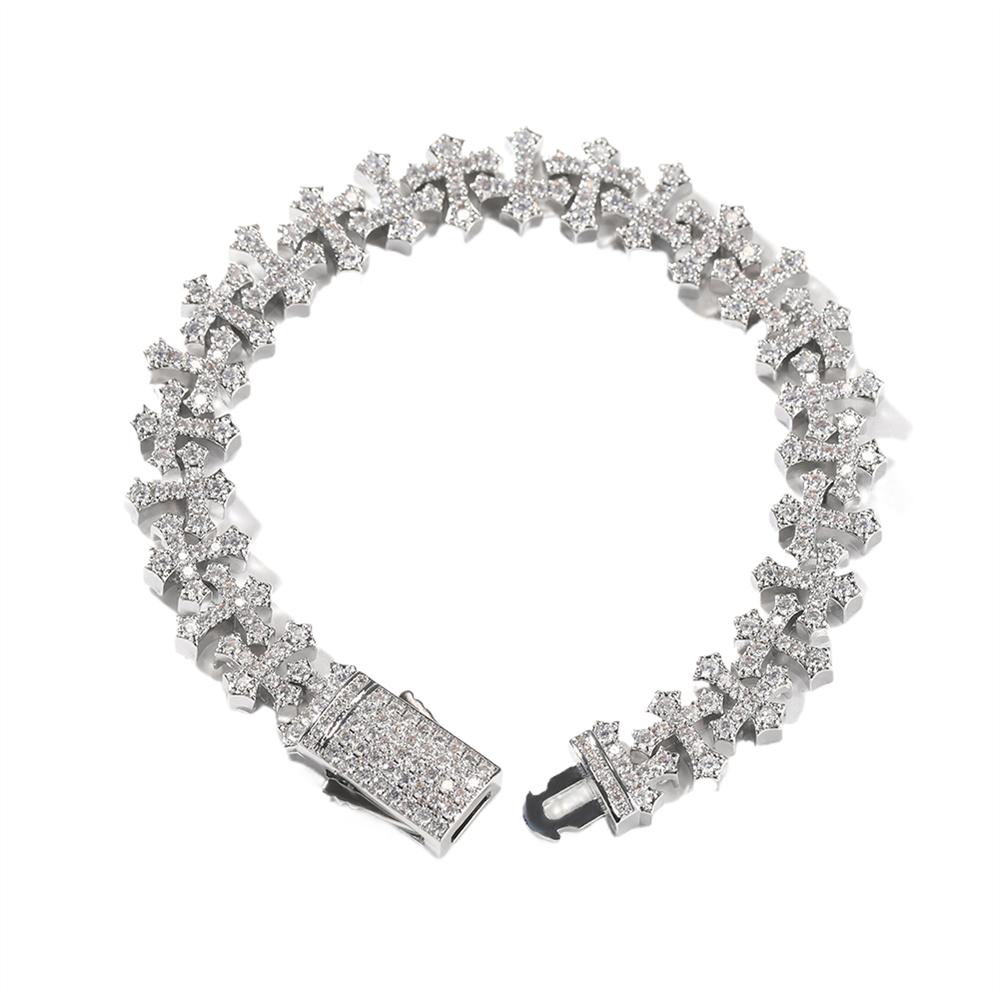 11.5mm Iced Out 5A CZ Brass Cross Link Bracelet Spring Clasp Vintage Religious Hip Hop Jewelry for Men