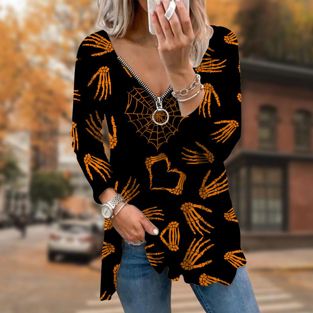 Damer Höst Skelett Handtryckt Långärmad T-shirt Lös V-ringning Plus Size T-shirt Toppar Bekväm Blus