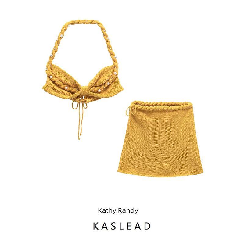 Kaslead New Arrival Women's Clothing Fashion Style Fashion Hand-Woven Short Tops Skirt Suit