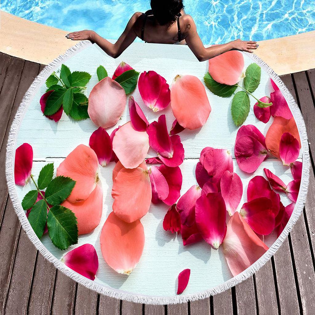 Floral Petal Print Round Beach Towel with Tassels Sand Free Quick Dry Circle Bath Towel Soft Absorbent Meditation Rug Yoga Mat