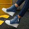 Fashion Women's Platform Wedge Heel High Top Sneakers Blue Denim Casual Canvas Shoes Woman Fashion Thick Sole Lace Up Vulcanized Shoes