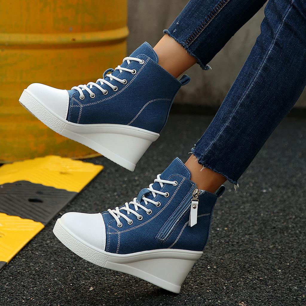 Fashion Women's Platform Wedge Heel High Top Sneakers Blue Denim Casual Canvas Shoes Woman Fashion Thick Sole Lace Up Vulcanized Shoes