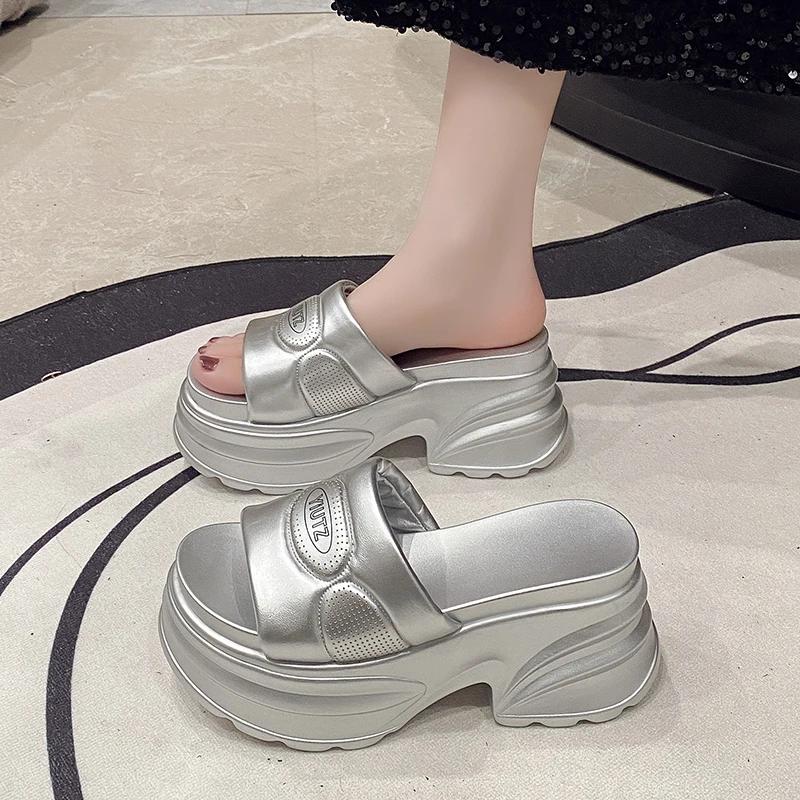Fashion 8CM Fashion Platform High Slippers Women Open Toe Wedges Sandals Summer Soft Slipper Indoor Outdoor Leisure Beach Shoes Black