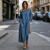 Women's One Shoulder Long Sleeve Maxi Dress, Casual Cotton Linen Long Tunic Dress, Side Slit Summer Loose Dress with Pockets