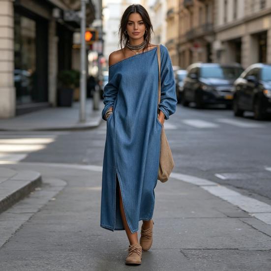 Women's One Shoulder Long Sleeve Maxi Dress, Casual Cotton Linen Long Tunic Dress, Side Slit Summer Loose Dress with Pockets