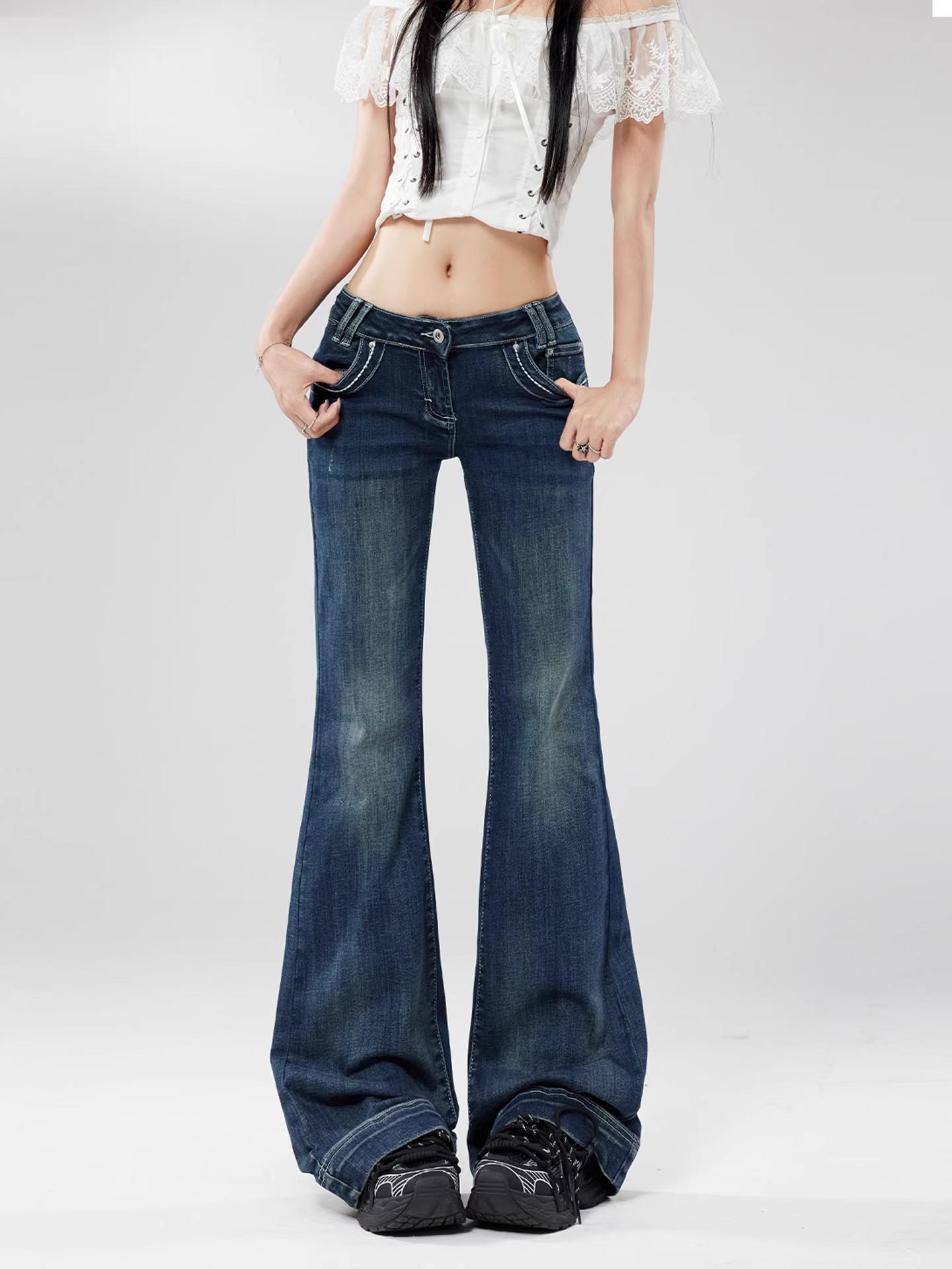 

Women s High-Waisted Stretch Retro Slimming Micro-Flare Jeans - 2025 Spring/Autumn Fat-Concealing Trumpet Casual Pants S темно-синий