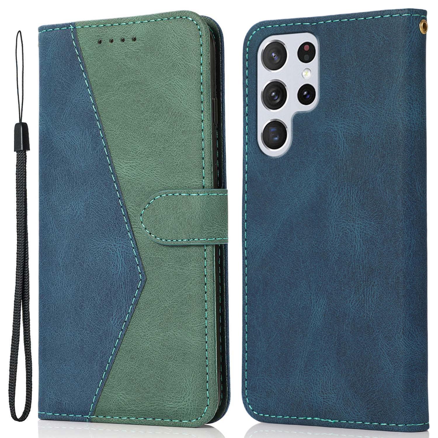 

For Samsung Galaxy S24 Ultra Case PU Leather Color Splicing Stand Phone Cover Blue+Green