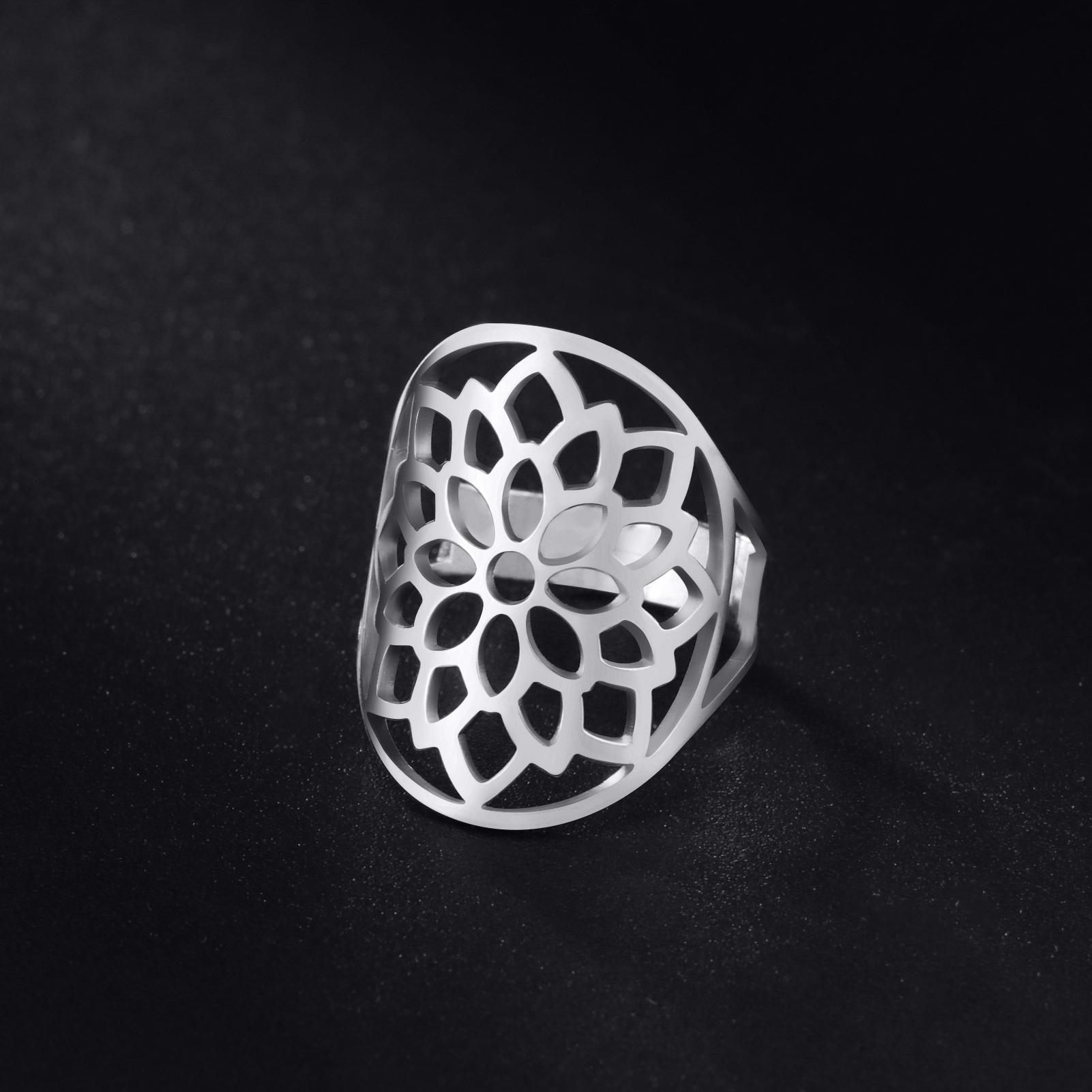 

LIKGREAT Mandala Yoga Adjustable Rings New Stainless Steel Lotus Flower Fashion Couple Finger Rings Amulet Wicca Jewelry Gifts resizable