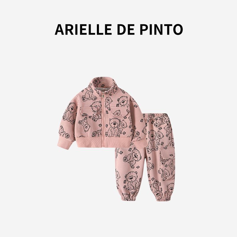 French Arielle De Pinto Girls  Jacquard Bear Casual Suit Autumn Outfit Cute Little Girl Two-Piece Set Pink 130