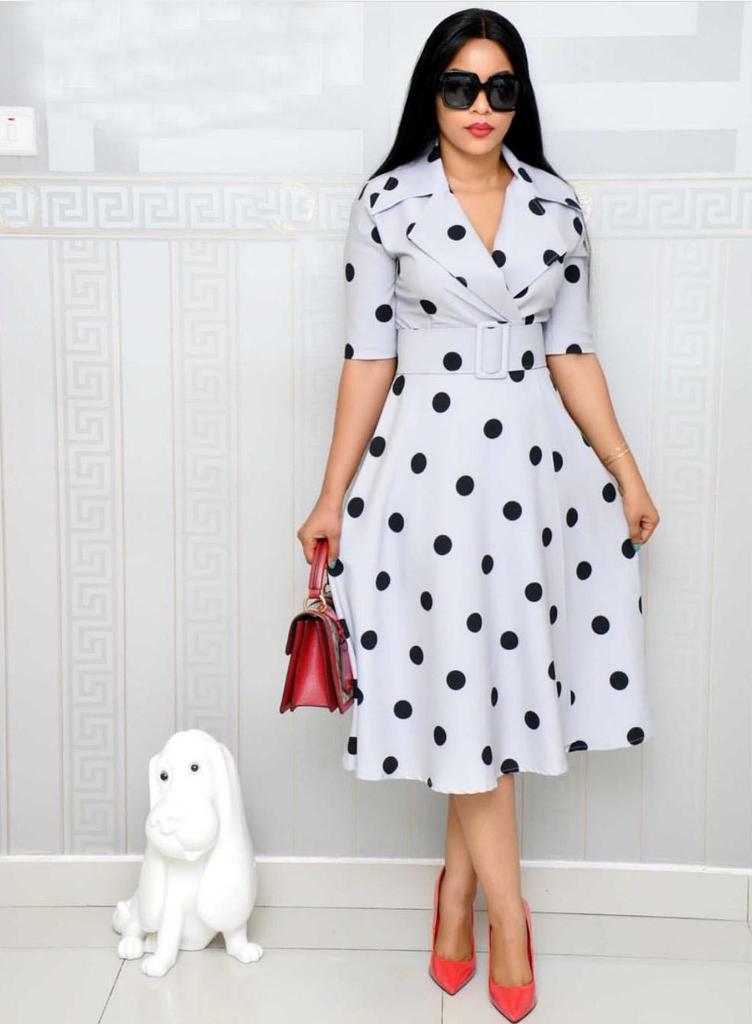 Women's African Polka Dot Dress: Mid-Sleeve, Suit Collar, Plus Size, Wide Hem & Belt