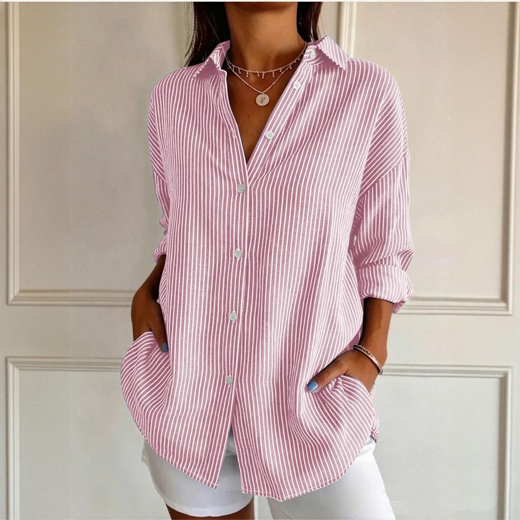Women's Casual Loose Fit Long Sleeve Striped Shirt with Collar - Blouse Top for Everyday Wear