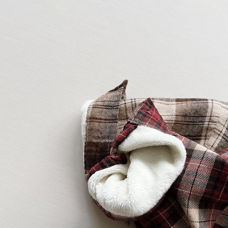 Kids Unisex Fleece Plaid Long Sleeve Shirt Korean Vintage Style Children Shirt