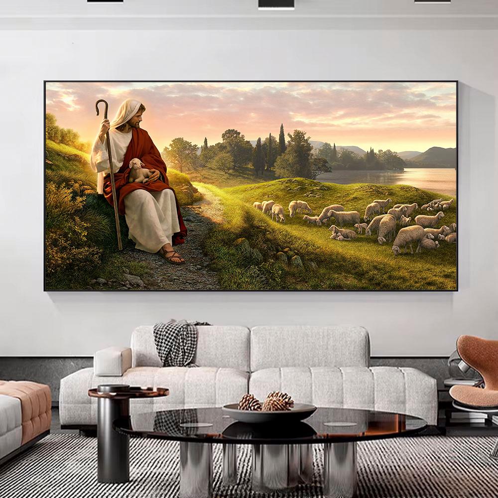 Gesù Cristo Pastore Tela Arte Murale Moderna Religiosa Dio Poster Stampa HD Pittura Quadro Opera d'Arte per Camera da Letto Soggiorno Decorazione Senza Cornice