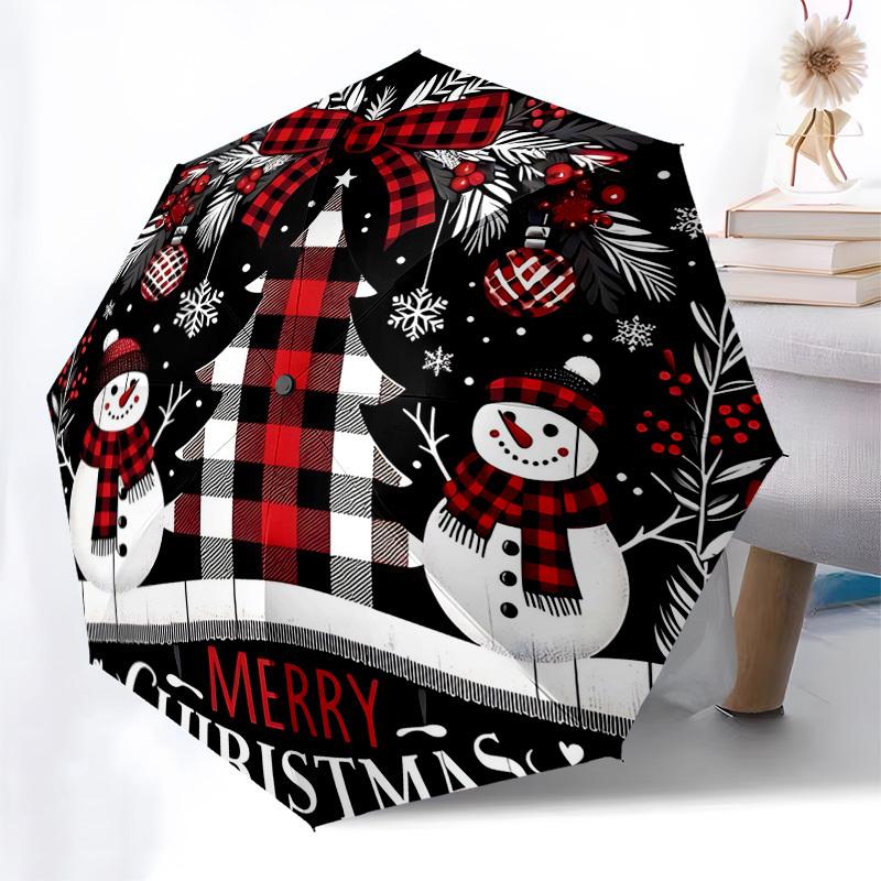 

1pc Merry Christmas Buffalo Plaid Snowmen Auto Open Close Umbrella, Portable 3-Fold Design with 8-Bone Iron Frame, Outdoor Umbrella for Fans, Traveler