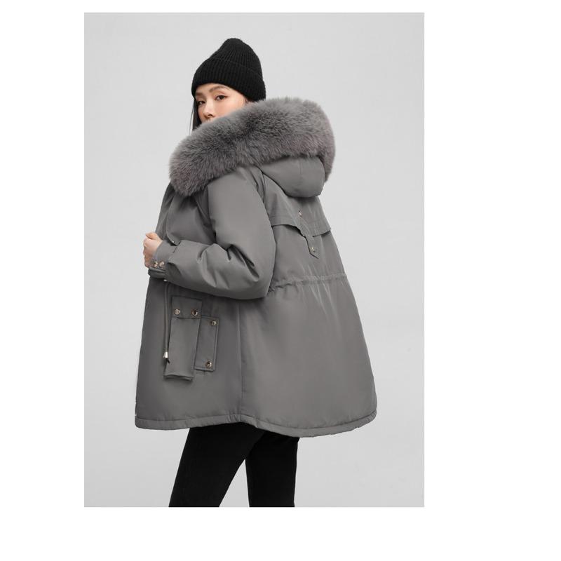 Veste d'hiver pour femme à col en fourrure, à capuche, coupe-vent, légère, épaisse, chaude, mi-longue, décontractée, sportive, parka, veste en coton
