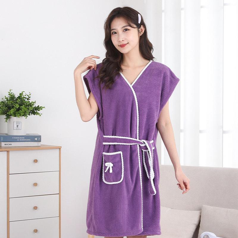 Soft Coral Fleece Casual Bathrobe Absorbent Pineapple Grid Tied Bath Towel Women's Bath Skirt